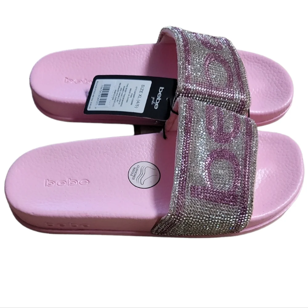 Bebe Girls Light Pink/Silver Rhinestone Logo Slides, Size XL (4/5)